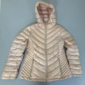 Calvin Klein Womens L Packable Premium Down Hooded Puffer Jacket Blush